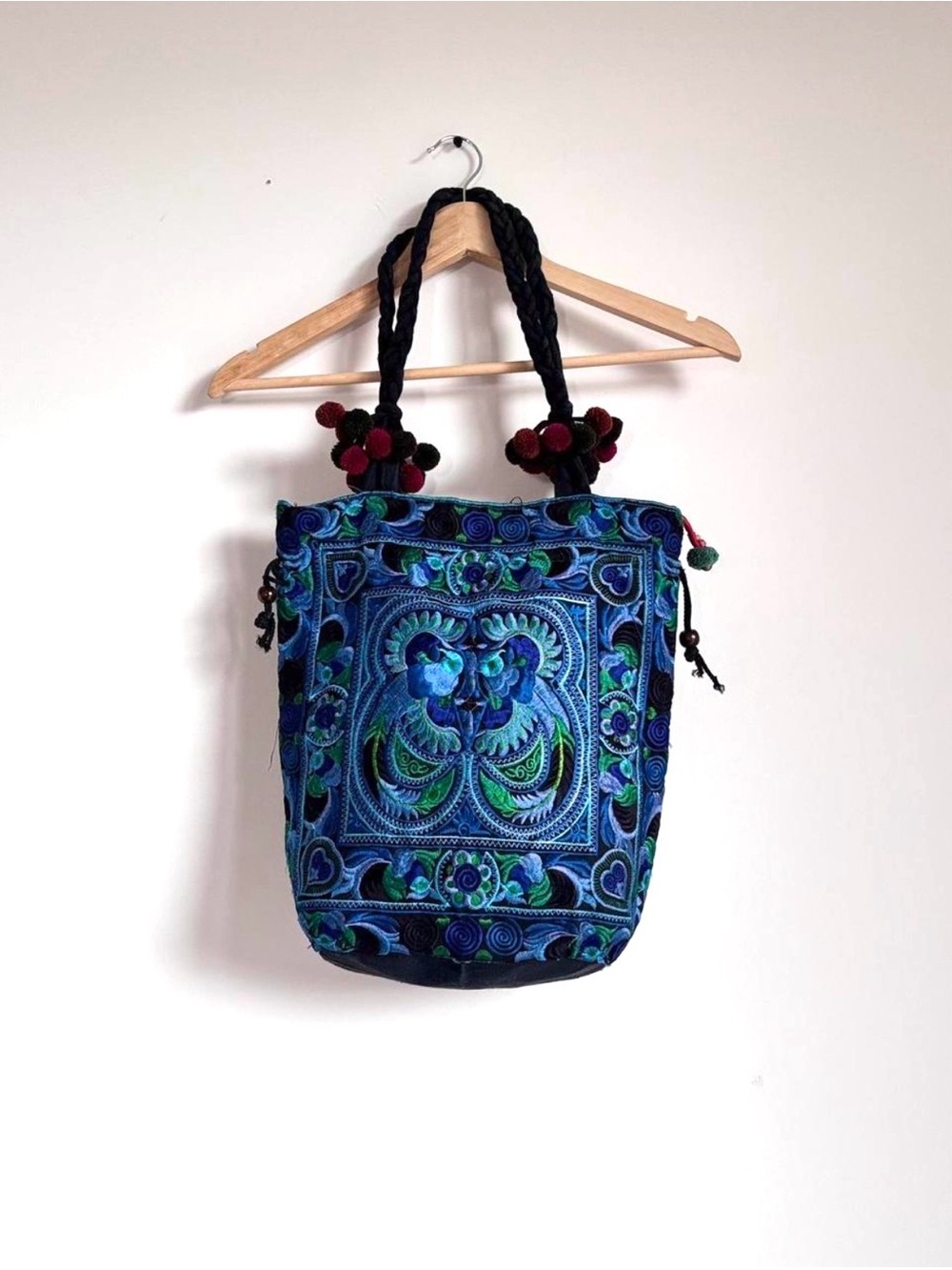 aMano Fair Trade Blue Green Embroidered Bird Boho Tote Bag Pom Poms